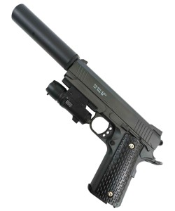 Страйкбольный пистолет Galaxy G.25A (Colt 1911 Rail) с ЛЦУ и глушителем