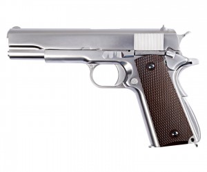 Страйкбольный пистолет WE Colt M1911A1 Silver, коричневые накладки (WE-E006A)