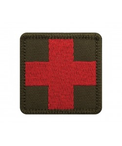 Шеврон ”Крест медика”, вышивка, 50x50 мм (красный, фон олива)