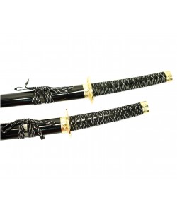 Самурайские мечи Катана и Вакидзаси (2 шт., черные ножны, золотая цуба)