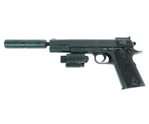 Игрушечный пистолет Shantou B01409 - Colt 1911 (пластик, 6 мм, ЛЦУ, глушитель)