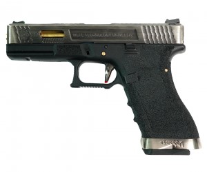 Страйкбольный пистолет WE Glock-17 G-Force, черная рамка, серебр. затвор, золот. ствол