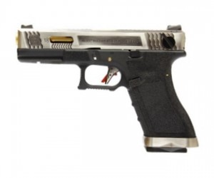 Страйкбольный пистолет WE Glock-18 G-Force, черная рамка, серебр. затвор, золот. ствол
