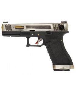 Страйкбольный пистолет WE Glock-18 G-Force, черная рамка, серебр. затвор, золот. ствол