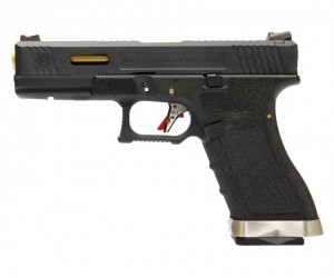 Страйкбольный пистолет WE Glock-17 G-Force, черная рамка и затвор, золот. ствол