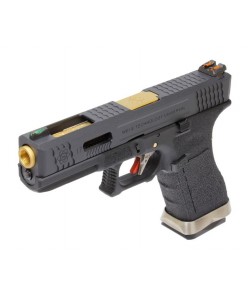 Страйкбольный пистолет WE Glock-17 G-Force, черная рамка и затвор, золот. ствол
