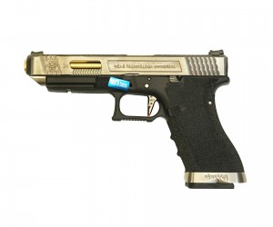 Страйкбольный пистолет WE Glock-34 G-Force, черная рамка, серебр. затвор, золот. ствол