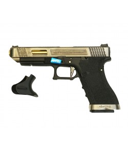 Страйкбольный пистолет WE Glock-34 G-Force, черная рамка, серебр. затвор, золот. ствол