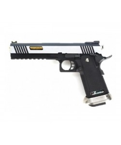 Страйкбольный пистолет WE Colt M1911 Hi-Capa 6, компенсатор, черная рамка, серебр. затвор