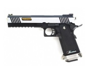 Страйкбольный пистолет WE Colt M1911 Hi-Capa 6, компенсатор, черная рамка, серебр. затвор