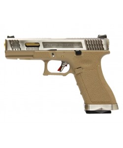 Страйкбольный пистолет WE Glock-17 G-Force, Tan рамка, серебр. затвор, золот. ствол