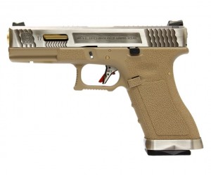 Страйкбольный пистолет WE Glock-17 G-Force, Tan рамка, серебр. затвор, золот. ствол