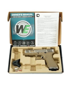 Страйкбольный пистолет WE Glock-17 G-Force, Tan рамка, серебр. затвор, золот. ствол