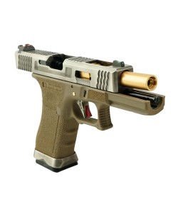 Страйкбольный пистолет WE Glock-17 G-Force, Tan рамка, серебр. затвор, золот. ствол