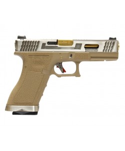 Страйкбольный пистолет WE Glock-17 G-Force, Tan рамка, серебр. затвор, золот. ствол