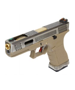 Страйкбольный пистолет WE Glock-17 G-Force, Tan рамка, серебр. затвор, золот. ствол
