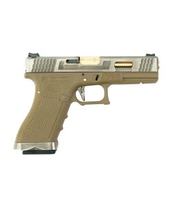 Страйкбольный пистолет WE Glock-17 G-Force, Tan рамка, серебр. затвор, золот. ствол