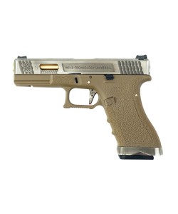 Страйкбольный пистолет WE Glock-17 G-Force, Tan рамка, серебр. затвор, золот. ствол