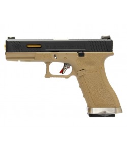 Страйкбольный пистолет WE Glock-17 G-Force, Tan рамка, черный затвор, золот. ствол