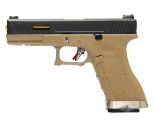 Страйкбольный пистолет WE Glock-17 G-Force, Tan рамка, черный затвор, золот. ствол