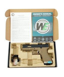 Страйкбольный пистолет WE Glock-17 G-Force, Tan рамка, черный затвор, золот. ствол