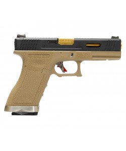 Страйкбольный пистолет WE Glock-17 G-Force, Tan рамка, черный затвор, золот. ствол