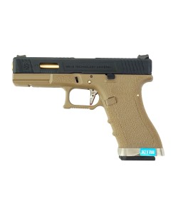 Страйкбольный пистолет WE Glock-17 G-Force, Tan рамка, черный затвор, золот. ствол