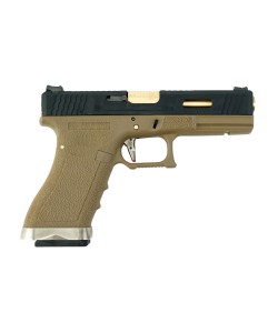 Страйкбольный пистолет WE Glock-17 G-Force, Tan рамка, черный затвор, золот. ствол