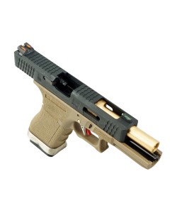 Страйкбольный пистолет WE Glock-17 G-Force, Tan рамка, черный затвор, золот. ствол