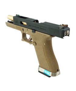 Страйкбольный пистолет WE Glock-17 G-Force, Tan рамка, черный затвор, золот. ствол