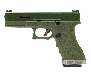 Страйкбольный пистолет WE Glock-17 G-Force, зеленая рамка и затвор, серебр. ствол