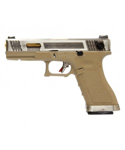Страйкбольный пистолет WE Glock-18 G-Force, Tan рамка, серебр. затвор, золот. ствол
