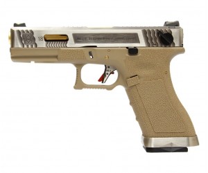 Страйкбольный пистолет WE Glock-18 G-Force, Tan рамка, серебр. затвор, золот. ствол