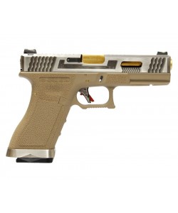 Страйкбольный пистолет WE Glock-18 G-Force, Tan рамка, серебр. затвор, золот. ствол