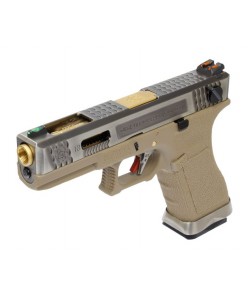 Страйкбольный пистолет WE Glock-18 G-Force, Tan рамка, серебр. затвор, золот. ствол