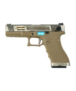 Страйкбольный пистолет WE Glock-18 G-Force, Tan рамка, серебр. затвор, золот. ствол