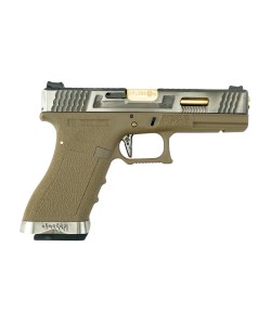 Страйкбольный пистолет WE Glock-18 G-Force, Tan рамка, серебр. затвор, золот. ствол
