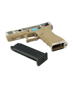 Страйкбольный пистолет WE Glock-18 G-Force, Tan рамка, серебр. затвор, золот. ствол