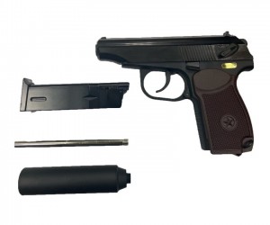 Страйкбольный пистолет WE Makarov 654K Black, с глушителем, коричневая рукоять