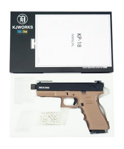 Страйкбольный пистолет KJW KP-18 Glock G18 TBC Gas Tan, удлин. ствол