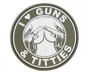 Шеврон ”I love guns & Titties”, PVC на велкро, 80x80 мм (белый на оливе)