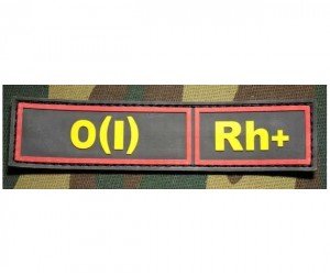 Шеврон ”Группа крови. Полоска. O(I) Rh+”, PVC на велкро, 130x30 мм (желтый и красный на черном)