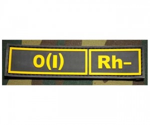 Шеврон ”Группа крови. Полоска. O(I) Rh-”, PVC на велкро, 130x30 мм (желтый на черном)