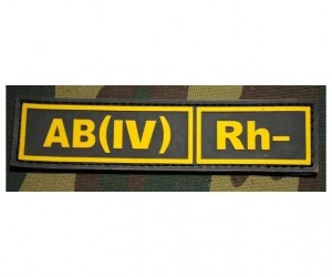 Шеврон ”Группа крови. Полоска. AB(IV) Rh-”, PVC на велкро, 130x30 мм (желтый на черном)
